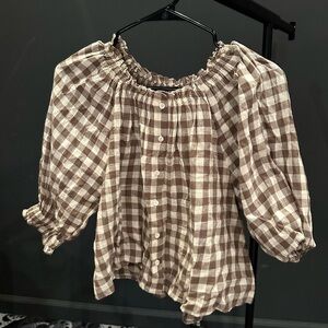 Apiece Apart Brown and White Puff Sleeve Blouse